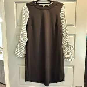 Wrapper Black Dress with Striped Sleeves